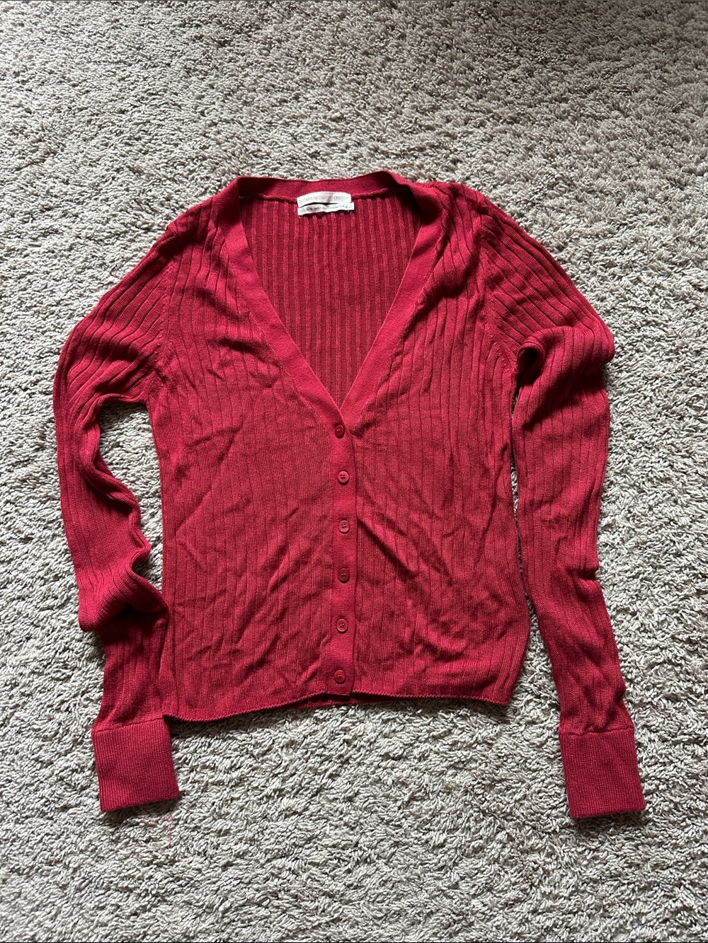 Urban Outfitters Raspberry Red Ribbed V-Neck Button Cardigan